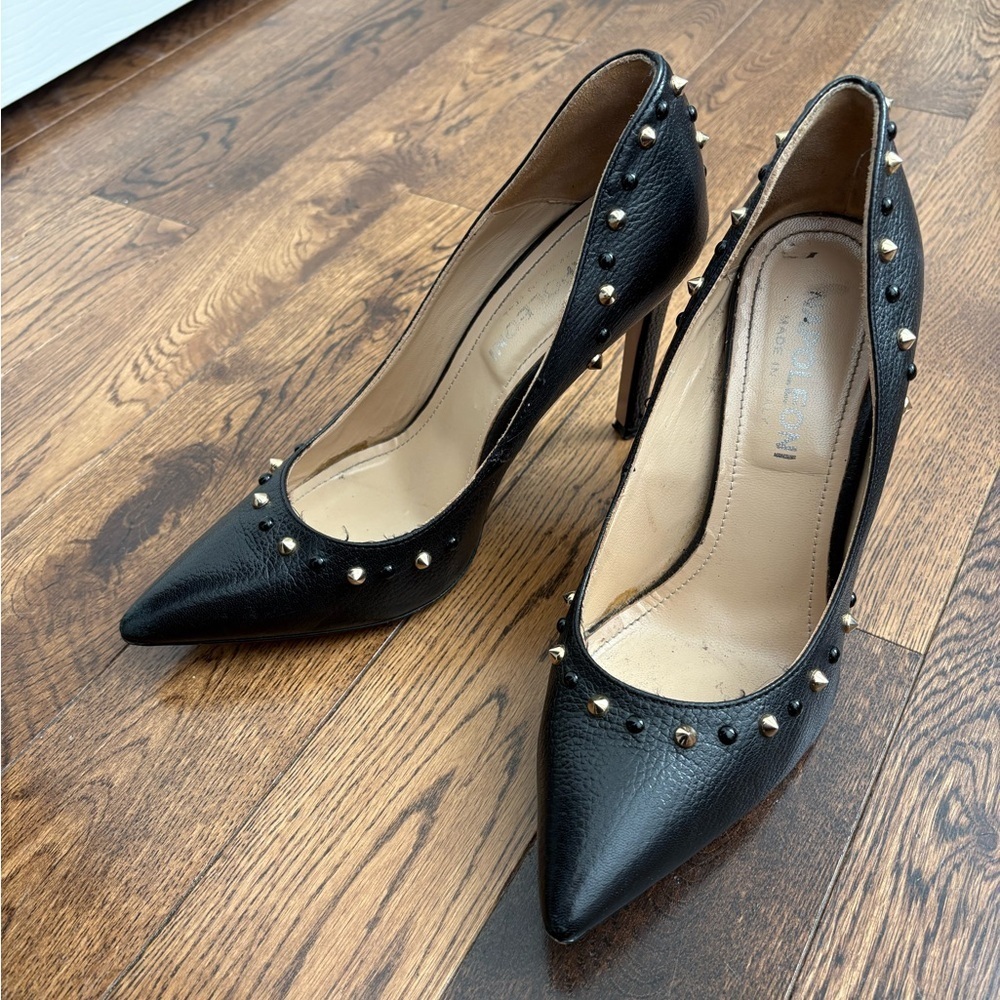 Napoleoni Black Leather Studded Women's Heels Size 38 Made In Italy